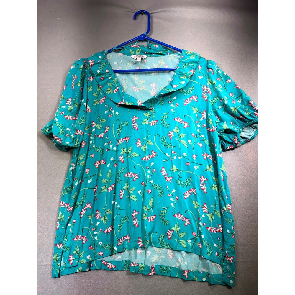 Crown & Ivy Women's XL Turquoise Floral Blouse Puff Sleeve Rayon Stretch Top